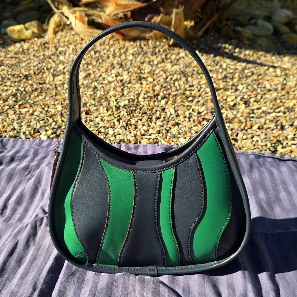 Coachtopia Ergo Wavy Stripe Upcrafted Leather Shoulder Bag Navy/Forest- Like New